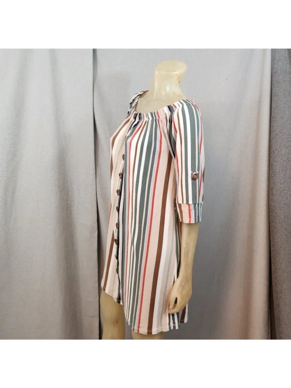 J for Justify Beige Brown Green Striped Scoop Neck Half Sleeve Shift Dress LARGE - Picture 5 of 7
